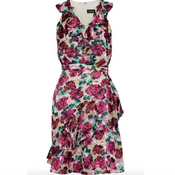 Saloni Rita Ruffled Floral Fil Coupé Chiffon Dress - Picture 2 of 8